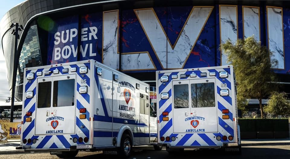 Ambulances staged outside Allegiant Stadium in Las Vegas